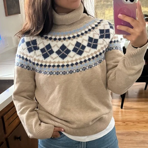 Tommy Hilfiger Fair Isle Argyle Turtleneck Sweater – Tan Blue Cream L - Picture 2 of 9
